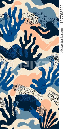 Abstract organic pattern featuring marine botanical shapes. Seamless repeating organic pattern depicting abstract shapes in blue and peach tones on a light background Abstract organic pattern featuring marine botanical shapes. Seamless repeating organic pattern depicting abstract shapes in blue and peach tones on a light background 137768325