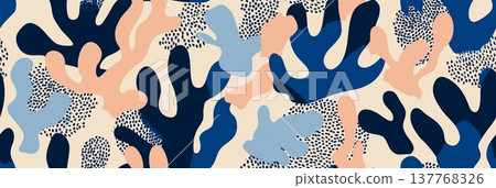 Abstract organic pattern featuring marine botanical shapes. Seamless repeating organic pattern depicting abstract shapes in blue and peach tones on a light background Abstract organic pattern featuring marine botanical shapes. Seamless repeating organic pattern depicting abstract shapes in blue and peach tones on a light background 137768326