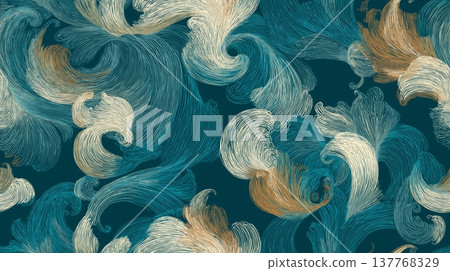 Abstract flowing scroll pattern creating dynamic waves. Seamless repeating organic pattern with swirling lines in blue and beige tones Abstract flowing scroll pattern creating dynamic waves. Seamless repeating organic pattern with swirling lines in blue and beige tones 137768329