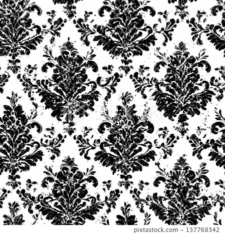 Seamless black and white damask baroque pattern grunge texture. Seamless black and white damask pattern with distressed grunge texture 137768342