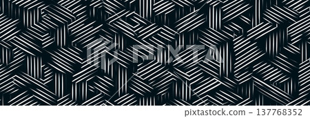 Abstract geometric pattern creating illusion of cubes. Repeating striped hexagons and rectangles forming a complex isometric structure Abstract geometric pattern creating illusion of cubes. Repeating striped hexagons and rectangles forming a complex isometric structure 137768352