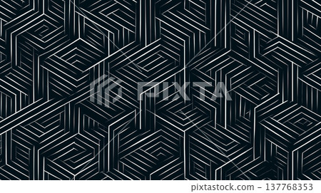 Abstract geometric pattern creating illusion of cubes. Repeating striped hexagons and rectangles forming a complex isometric structure 137768353