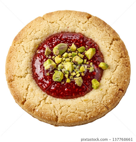 Delicious cookie with raspberry jam, pistachios, and powdered sugar, perfect for gifting 137768661