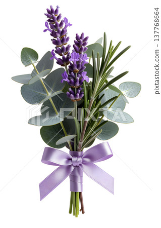 Rustic herbal bouquet of fresh lavender, eucalyptus, and rosemary sprigs tied with a purple ribbon, perfect for aromatherapy and nature themes Rustic herbal bouquet of fresh lavender, eucalyptus, and rosemary sprigs tied with a purple ribbon, perfect for aromatherapy and nature themes 137768664