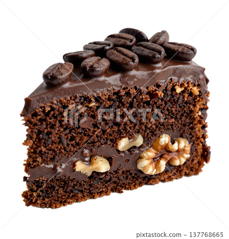 Generous slice of rich chocolate coffee cake studded with crunchy walnut pieces, perfect for dessert lovers and coffee pairings, isolated 137768665