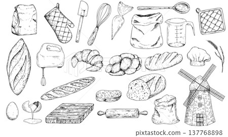 Vector big bakery set. Graphic ink, loaf food, rolling pin, cutting board, measuring cup, ear of wheat, grain, slice of bread, ciabatta, baguette. Bun illustration isolated on background. Hand drawn 137768898