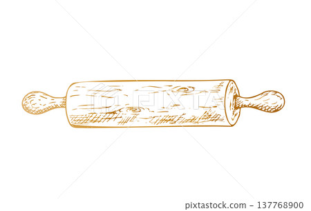 Vector wooden rolling pin. Graphic ink kitchen tool illustration for baking creations, isolated on background. Hand drawn line sketch. For designers, prints, logo, icon, menu, postcards, holiday Vector wooden rolling pin. Graphic ink kitchen tool illustration for baking creations, isolated on background. Hand drawn line sketch. For designers, prints, logo, icon, menu, postcards, holiday 137768900
