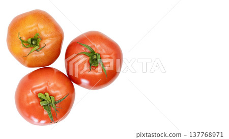 Three tomatoes, overhead macro view, transparent background. Three tomatoes, overhead macro view, transparent background. 137768971