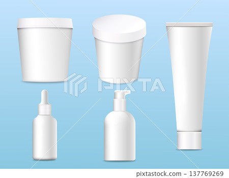 Mockup of realistic 3d cosmetics products for your design, on a background cartoon leaf. Vector illustration. 137769269