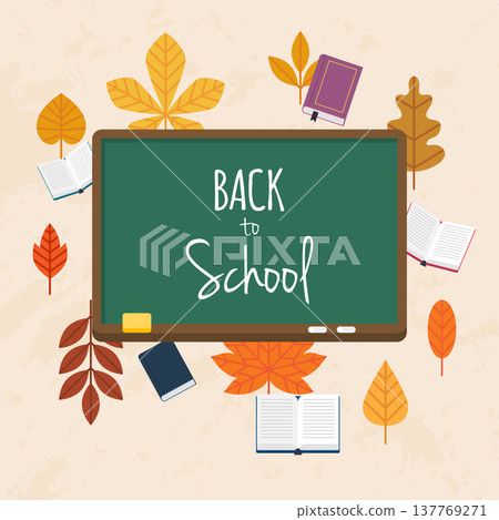 Back to school illustration with books and autumn leafs on the background. Flat design modern vector illustration concept. Back to school illustration with books and autumn leafs on the background. Flat design modern vector illustration concept. 137769271