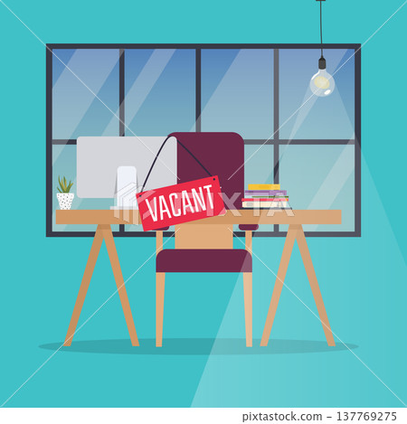 Job vacancy. Office desk with chair, computer and Vacant sign hanged on it. Business hiring and recruiting concept. 137769275