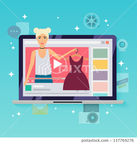 Happy blogger girl in a laptop. Handsome woman records video blog. Happy blogger girl in a laptop. Handsome woman records video blog. 137769276