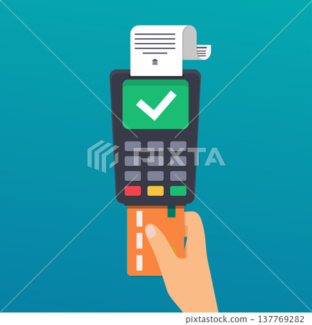 Payment. Hand holding credit card. Illustration of wireless payment by credit card. Flat design modern vector illustration concept. 137769282