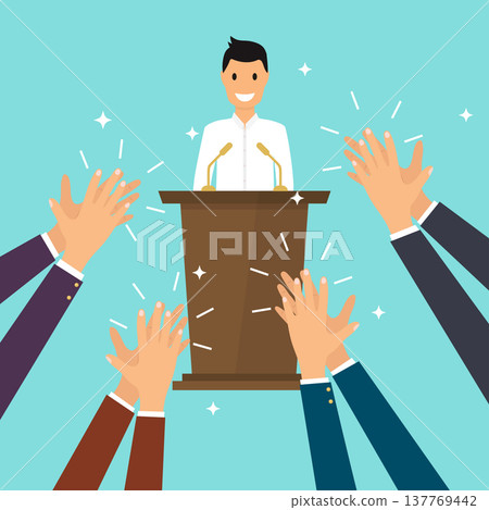 Success in business. Man giving a speech on stage. Human hands clapping. Flat design modern vector illustration concept. Success in business. Man giving a speech on stage. Human hands clapping. Flat design modern vector illustration concept. 137769442