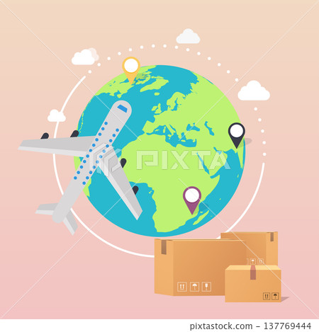 World Wide Delivery. Vector illustration of a world globe, an airplane and boxes. World Wide Delivery. Vector illustration of a world globe, an airplane and boxes. 137769444