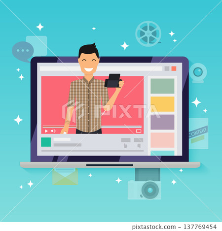 Happy blogger man in a laptop. Handsome man records video blog. Happy blogger man in a laptop. Handsome man records video blog. 137769454