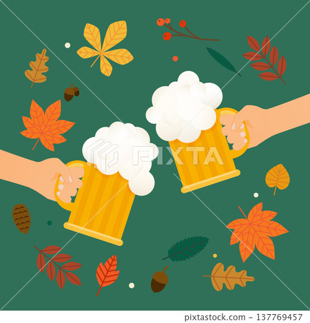 Two hands holding beer glass. Beer autumn festival poster or flyer template. Flat vector illustration. 137769457