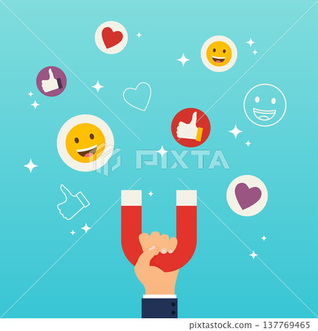 Social media marketing concept. Hand holding magnet attracting likes, hearts and reaction smileys. Social media marketing concept. Hand holding magnet attracting likes, hearts and reaction smileys. 137769465