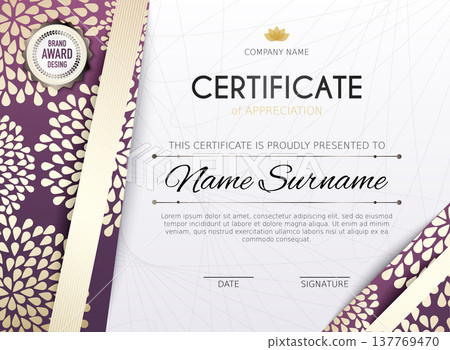 Certificate template with golden decoration element. Design diploma graduation, award. Vector illustration. Certificate template with golden decoration element. Design diploma graduation, award. Vector illustration. 137769470