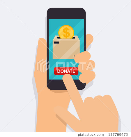 Hand holding mobile smart phone with donation money. Concept for charity online service. Flat vector illustration. Hand holding mobile smart phone with donation money. Concept for charity online service. Flat vector illustration. 137769473