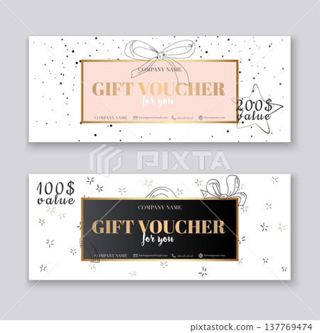 Gift voucher template with gold background. Background design coupon, voucher, certificate, invitation, currency. Vector illustration. 137769474