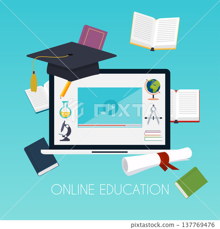 Online education concept. Science concept with book computer and studying icons. E-learning. Flat design modern vector illustration concept. Online education concept. Science concept with book computer and studying icons. E-learning. Flat design modern vector illustration concept. 137769476