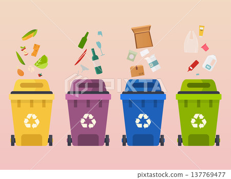 Recycle garbage bins. Waste types segregation recycling: organic, batteries, metal plastic, paper, glass waste. Flat design modern vector illustration concept. Recycle garbage bins. Waste types segregation recycling: organic, batteries, metal plastic, paper, glass waste. Flat design modern vector illustration concept. 137769477