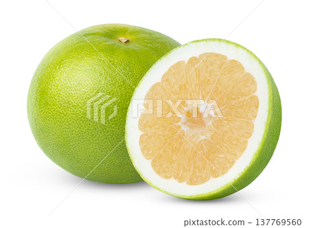 Fresh green sweetie grapefruit and half of sweetie, pomelo, pomelit or oroblanco fruit isolated. Fresh green sweetie grapefruit and half of sweetie, pomelo, pomelit or oroblanco fruit isolated. 137769560