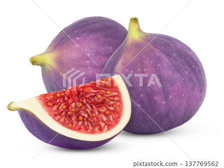 Fresh figs isolated. Two fig fruits and cut in a quarter with clipping path. 137769562