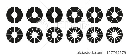 Black circle division from 2 to 13 equal parts. Infographic set. Wheel round divided diagrams from two to thirteen segments. Coaching blank. 137769579