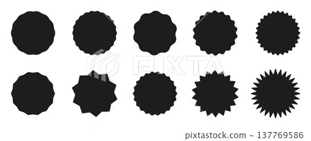 Black circle stickers. Star burst shape tags for price, shops set. Wavy edge promo black badges. Vintage flat labels. Blank sale stickers, simple silhouette. Graphic illustration. Black circle stickers. Star burst shape tags for price, shops set. Wavy edge promo black badges. Vintage flat labels. Blank sale stickers, simple silhouette. Graphic illustration. 137769586