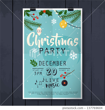 Christmas party poster lettering on wood texture background. 137769604