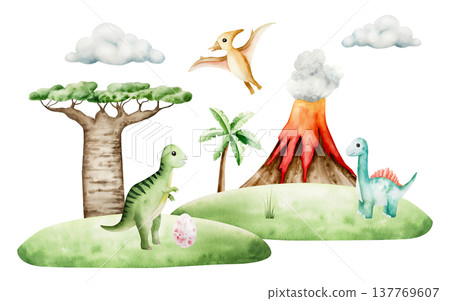 Scene with dinosaurs, volcano eruption, baobab, pterodactyl, dino egg, clouds. Watercolor hand drawn prehistoric triceratops, diplodocus, Spinosaurus, Brachiosaurus animal. Isolated illustration on 137769607