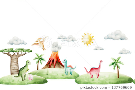 Cute seamless border with dinosaur in tropical leaves and palm tree. Watercolor hand drawn cloud, baobab, sun, prehistoric diplodocus, Brachiosaurus animal. Isolated illustration on transparent 137769609