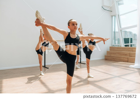 Girls practicing ballet indoors in the class Girls practicing ballet indoors in the class 137769672