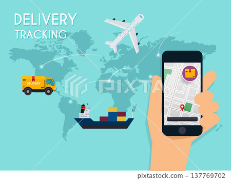 Hand holding mobile smart phone with app delivery tracking. Vector modern flat creative info graphics design on application. Hand holding mobile smart phone with app delivery tracking. Vector modern flat creative info graphics design on application. 137769702