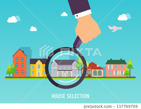 House selection. Magnifying glass with house. Concept for web banners, websites, infographics. House selection. Magnifying glass with house. Concept for web banners, websites, infographics. 137769708
