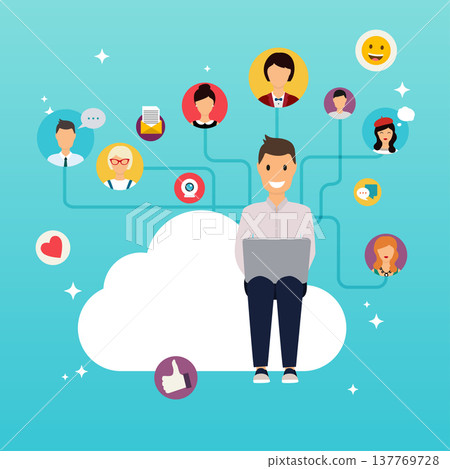 Social network and teamwork concept for web info graphic. Set of people avatars and icons. Man holding computer. Communication Systems and Technologies. 137769728