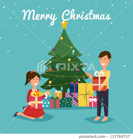 Happy kids opening Christmas gifts next to Christmas tree. Christmas greeting card background poster. Happy kids opening Christmas gifts next to Christmas tree. Christmas greeting card background poster. 137769737