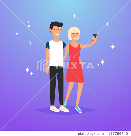 Young couple taking a selfie with phone. Cartoon man and woman. Concept of friendship and fun with new trends and technology. Vector people. Young couple taking a selfie with phone. Cartoon man and woman. Concept of friendship and fun with new trends and technology. Vector people. 137769740
