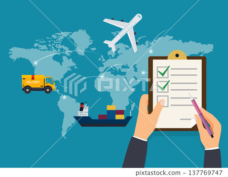 Hand holding clipboard with delivery tracking check. Flat design modern vector illustration concept. Hand holding clipboard with delivery tracking check. Flat design modern vector illustration concept. 137769747