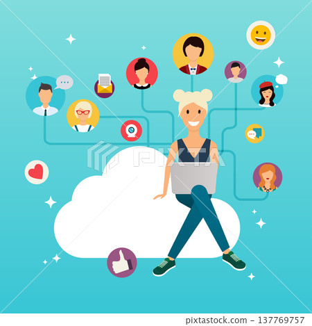 Social network and teamwork concept for web info graphic. Set of people avatars and icons. Woman holding computer. Communication Systems and Technologies. 137769757