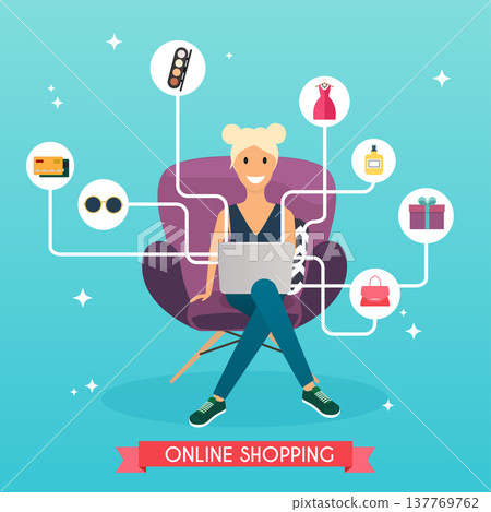 Online shopping concept. Girl do shopping from home. Flat design style modern vector illustration concept. Online shopping concept. Girl do shopping from home. Flat design style modern vector illustration concept. 137769762