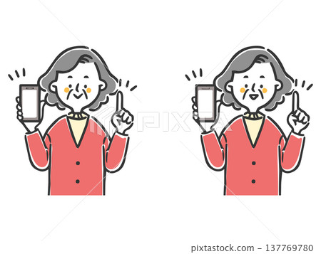 一組插圖,描繪了一位老年婦女一邊拿著智慧型手機一邊解釋某事(上半身,向量圖)。 一組插圖,描繪了一位老年婦女一邊拿著智慧型手機一邊解釋某事(上半身,向量圖)。 137769780