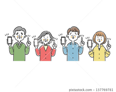 Two generations of family members explaining something while holding smartphones (upper body, vector) Two generations of family members explaining something while holding smartphones (upper body, vector) 137769781