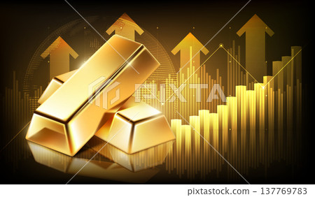 Gold bars with financial upward graph and arrows background. Global wealth, investment growth, and rising gold market price concept, vector illustration 137769783