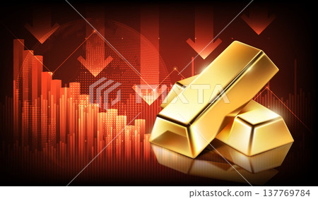 Gold bars with red downward financial graph and arrows. Concept of falling gold market price, economic crisis, and investment loss, vector illustration 137769784