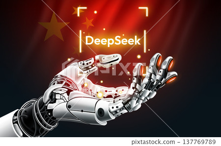Futuristic robotic hand holding a glowing DeepSeek AI hologram against a Chinese flag background. Concept of China artificial intelligence., vector illustration Futuristic robotic hand holding a glowing DeepSeek AI hologram against a Chinese flag background. Concept of China artificial intelligence., vector illustration 137769789