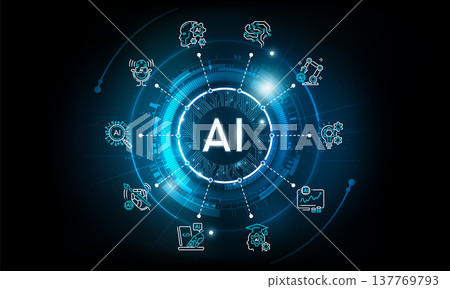 Artificial Intelligence Logo on futuristic technology background and icon, AI generative technology concept, neural network, big data, digital Hud futuristic and deep learning, vector illustration 137769793