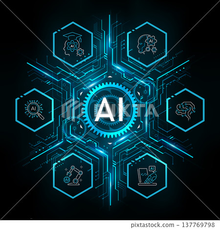 Artificial Intelligence Logo on futuristic technology Hexagon background icon, AI agentic technology concept, neural network, big data, digital Hud futuristic and deep learning, vector illustration 137769798